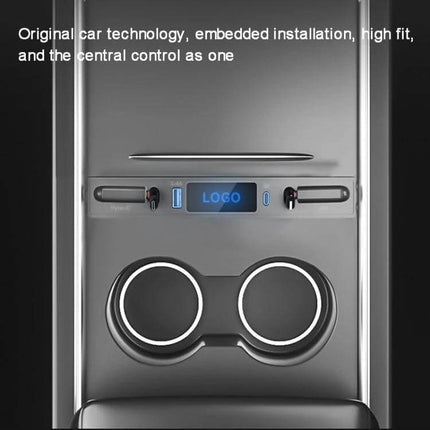 Model 3 Y Interior Charger Docking Hub With Telescopic Cables installed in center console showing dual cup holders, USB-C PD port and two retractable 8-pin cables