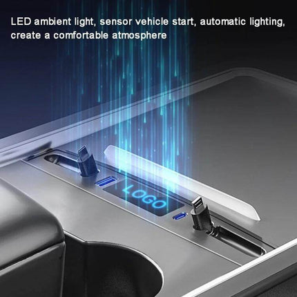 Model 3 Y Interior Charger Docking Hub With Telescopic Cables showing center console fit, LED ambient light, two 8-pin telescopic cables and USB-C PD port