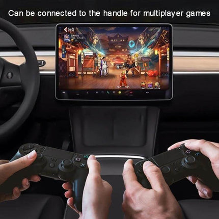Model 3 Y Interior Charger Docking Hub With Telescopic Cables installed in center console powering tablet for multiplayer gaming with two controllers