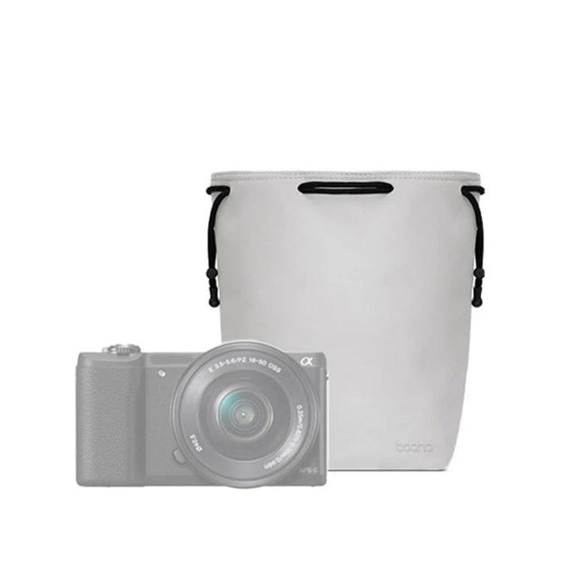 Baona Drawstring Pouch for Camera Lenses and Accessories in white PU leather with drawstring closure