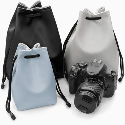 Baona Drawstring Pouch for Camera Lenses and Accessories - PU leather lens pouch trio in black gray and blue for travel and dust protection