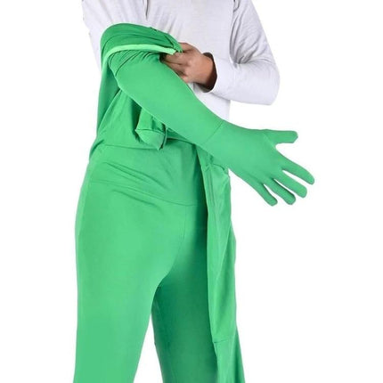 Comfortable Stretchy Green Screen Suit for Photo and Video Use - person pulling on lightweight full-body chroma key suit for filming