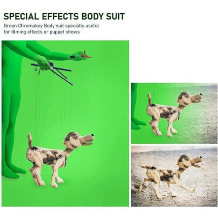 Comfortable Stretchy Green Screen Suit for Photo and Video Use - model in full-body chroma key suit operating puppet for special effects
