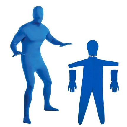 Comfortable Stretchy Green Screen Suit for Photo and Video Use — blue demo mannequin wearing full-body chroma key suit with detachable gloves