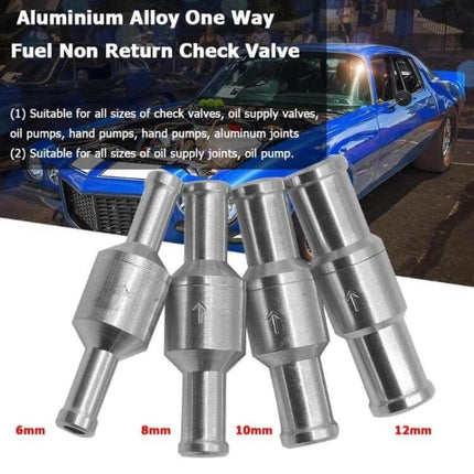 Car Aluminum Alloy Gasoline Fuel Check Valve For Automotive Use - lightweight 10g aluminum one-way fuel check valve, 6/8/10/12mm sizes shown