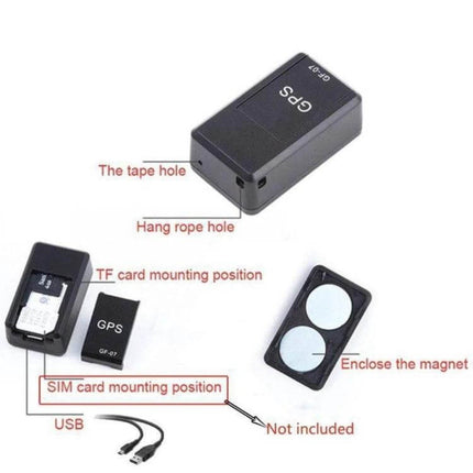 Portable GF07 GPS Tracker for Anti-Lost Monitoring with Magnetic Attachment shown with SIM slot, TF card position, USB cable and magnetic pads