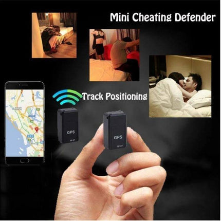 Portable GF07 GPS Tracker for Anti-Lost Monitoring with Magnetic Attachment shown handheld with phone map and examples of tracking placement