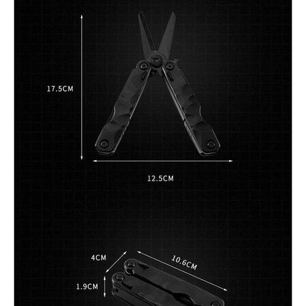 Outdoor Camping Survival Tool Foldable Pocket Plier 15 In 1 black folded and open multi-tool with dimensions shown, 2CR13 stainless steel and aluminum handles