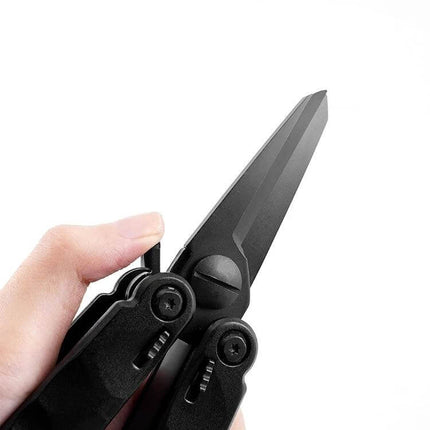 Outdoor Camping Survival Tool Foldable Pocket Plier 15 In 1 showing folded black plier with locking main knife blade and aluminum handles