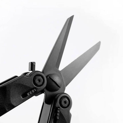Outdoor Camping Survival Tool Foldable Pocket Plier 15 In 1 showing open locking scissors and aluminum handle close-up