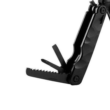 Outdoor Camping Survival Tool Foldable Pocket Plier 15 In 1, folded black 15-in-1 multi-tool showing serrated plier jaw, file and small screwdriver