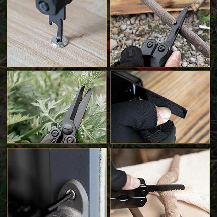 Outdoor Camping Survival Tool Foldable Pocket Plier 15 In 1 showing folded multi-tool used for cutting, sawing, screwing and plier tasks in outdoor scenes