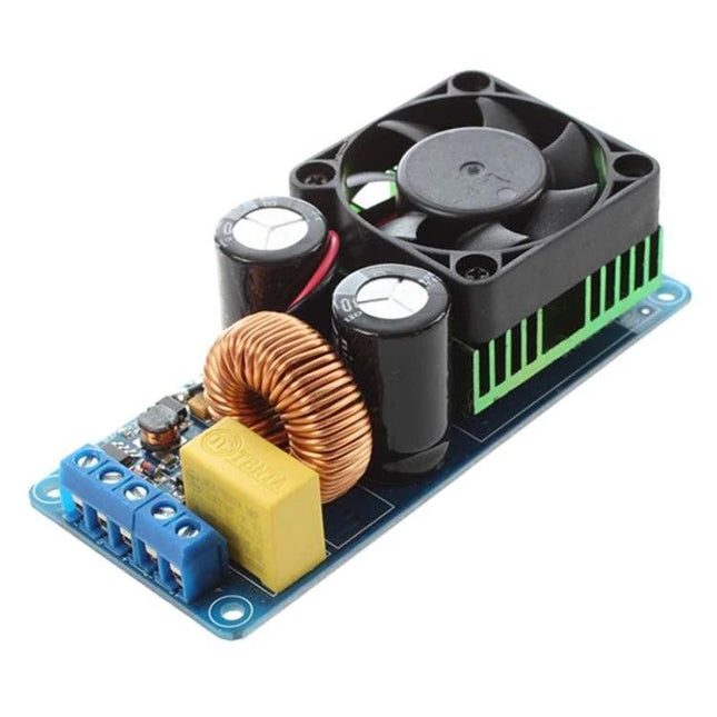 Class D Audio Amplifier Board for Home Stereo Systems compact module with heatsink, cooling fan, inductors and capacitors for DIY speaker upgrades