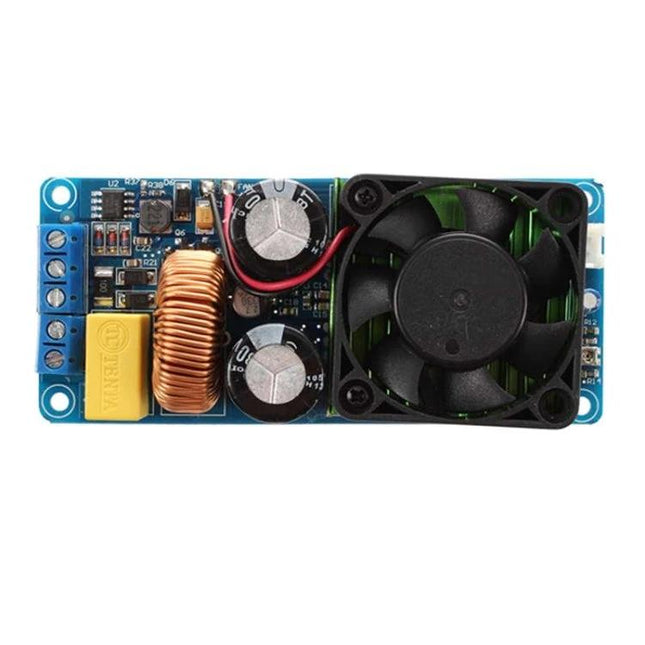 Class D Audio Amplifier Board for Home Stereo Systems compact PCB with heatsink fan, capacitors and inductors for DIY speaker upgrades