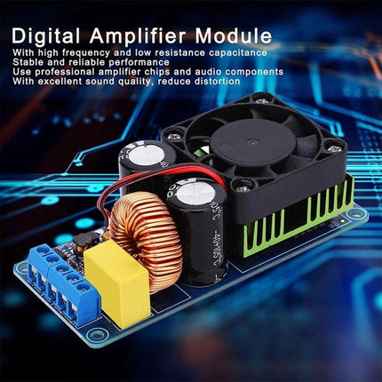 Class D Audio Amplifier Board for Home Stereo Systems showing compact fan-cooled amplifier module with inductors and capacitors