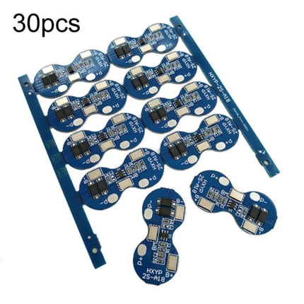 18650 Lithium Battery Protection Board for 7.4V and 8.4V Use - blue PCB modules shown in a 30pcs panel, protection board for DIY 7.4V/8.4V battery packs