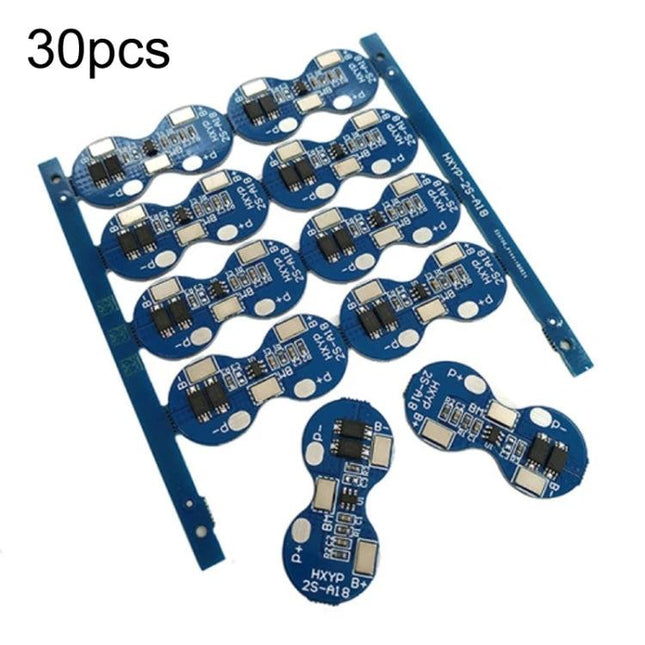 18650 Lithium Battery Protection Board for 7.4V and 8.4V Use - blue PCB modules shown in a 30pcs panel, protection board for DIY 7.4V/8.4V battery packs
