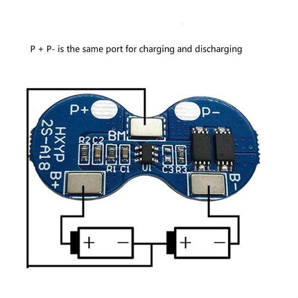 18650 Lithium Battery Protection Board for 7.4V and 8.4V Use compact 2S protection PCB showing P+ P- B+ B- pads and wiring diagram