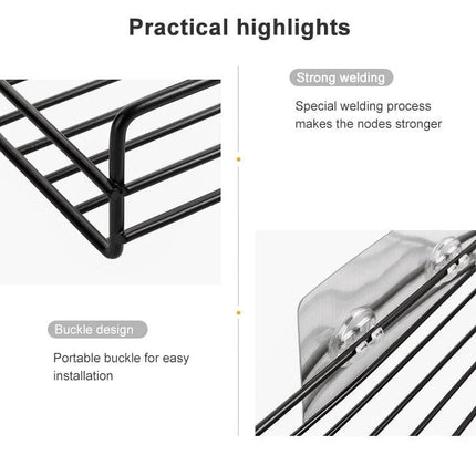 Wall Mounted Wrought Iron Shelf for Bathroom Storage at Home - close-up of welded black iron rack and buckle mounting detail