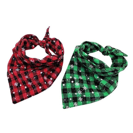 Christmas Snowflake Triangle Towel for Daily Dog Care - red and green plaid holiday bandanas with snowflake pattern for pets