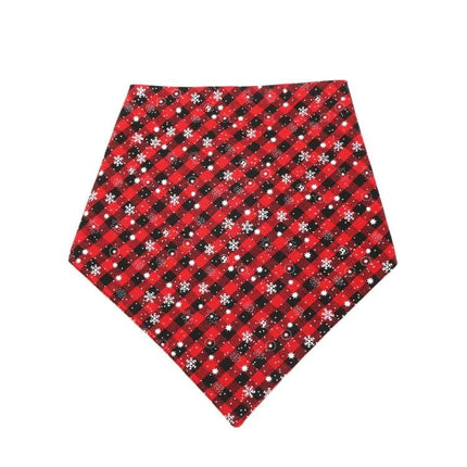 Christmas Snowflake Triangle Towel for Daily Dog Care - red buffalo plaid cotton dog bandana with white snowflake pattern