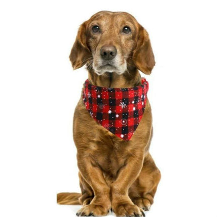 Christmas Snowflake Triangle Towel for Daily Dog Care - brown dog wearing red plaid snowflake triangular towel bandana