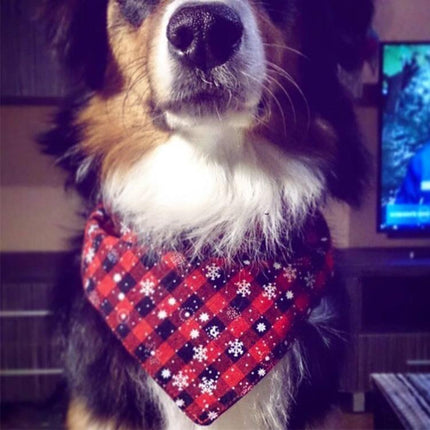 Christmas Snowflake Triangle Towel for Daily Dog Care - dog wearing red plaid snowflake bandana triangle towel after bath