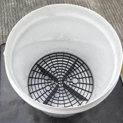 Car Washing Sand and Stone Isolation Net, 23.5cm Diameter - black PP grid placed inside white wash bucket to trap sand and gravel