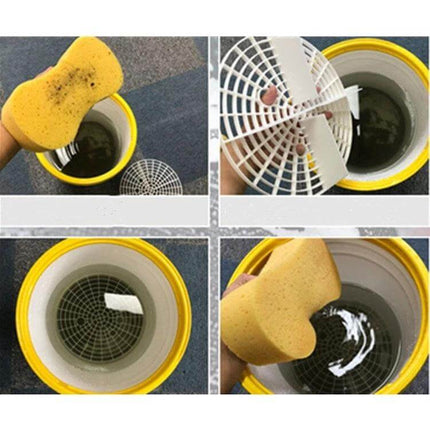 Car Washing Sand and Stone Isolation Net, 23.5cm Diameter - yellow bucket view showing PP mesh separating sand and gravel from wash water