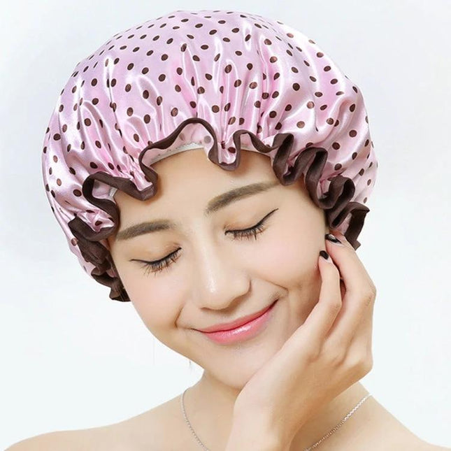 Shower Cap for Daily Hair Protection During Home Showers - pink polka dot waterproof cap protecting styled hair during everyday showers