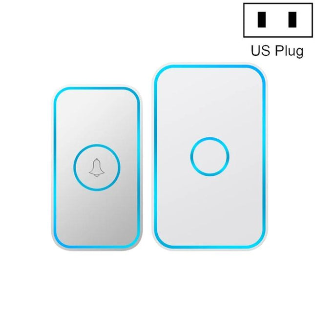 CACAZI Long-Distance Wireless Doorbell for Everyday Home Use white receiver and button set with blue trim, US plug compatible, long-range wireless doorbell
