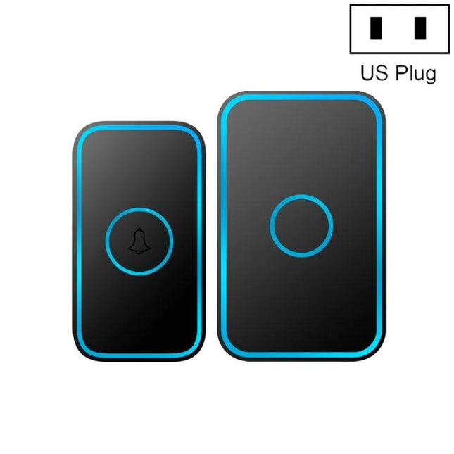 CACAZI Long-Distance Wireless Doorbell for Everyday Home Use — black blue transmitter and receiver set with US plug, long-range home door chime