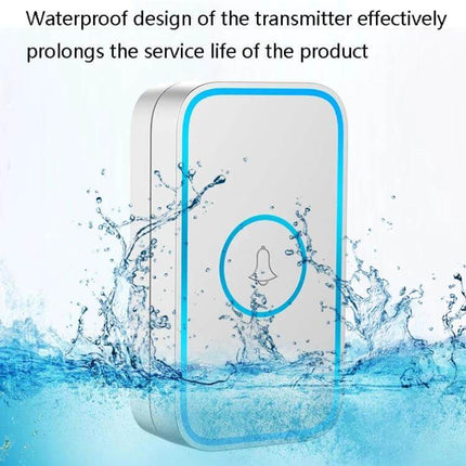 CACAZI Long-Distance Wireless Doorbell for Everyday Home Use showing waterproof transmitter splashing in water