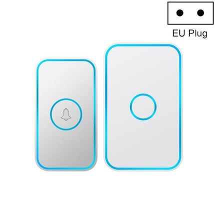CACAZI Long-Distance Wireless Doorbell for Everyday Home Use white transmitter and receiver set with blue trim and EU plug icon