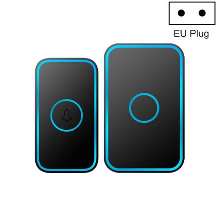 CACAZI Long-Distance Wireless Doorbell for Everyday Home Use showing black blue-trim push button and receiver with EU plug icon