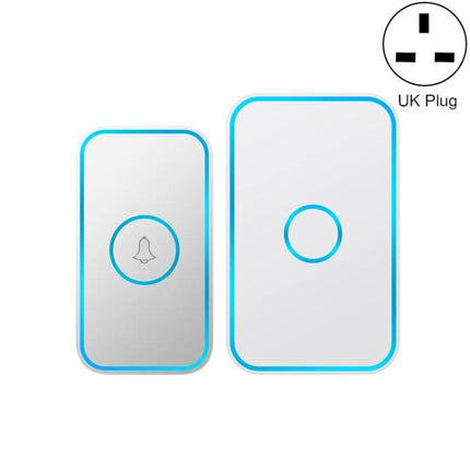 CACAZI Long-Distance Wireless Doorbell for Everyday Home Use white chime and button set with blue trim and UK plug icon