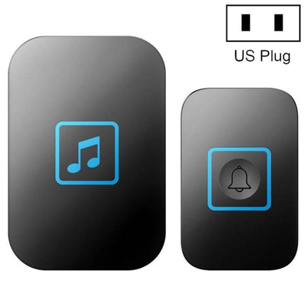 CACAZI Wireless Doorbell for Home Entry Alerts black receiver and button set with blue icons, US plug compatible, compact wireless door chime
