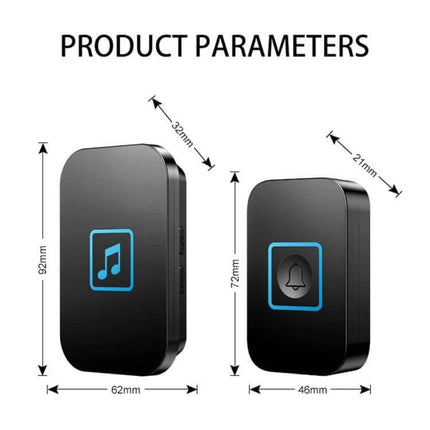 CACAZI Wireless Doorbell for Home Entry Alerts - compact black wireless chime and push button with dimensions, 300m range, ideal for home, elderly care