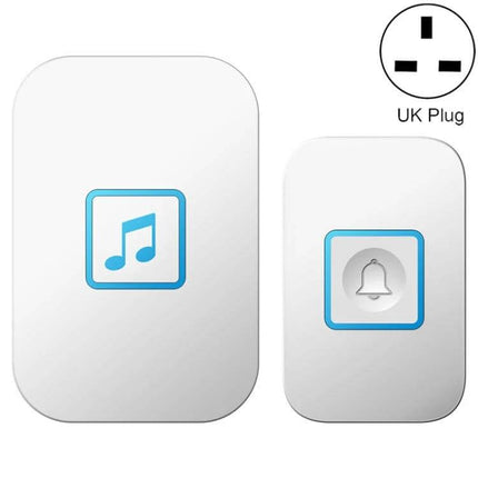 CACAZI Wireless Doorbell for Home Entry Alerts - white wireless chime and button set with music icon and UK plug symbol