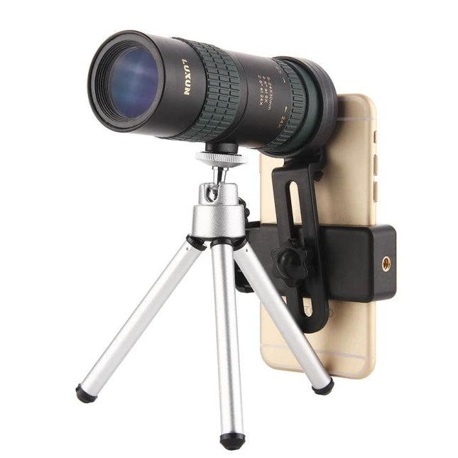 LUXUN Night Vision Telescope for Outdoor Observation mounted on smartphone with compact tripod for stargazing and wildlife viewing