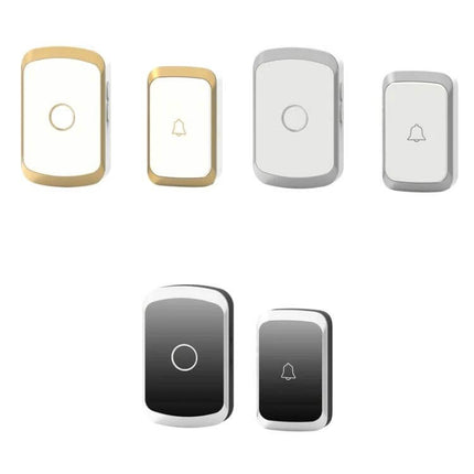 CACAZI Waterproof Wireless Doorbell with Remote Control showing gold, silver, and black receivers and matching remote buttons
