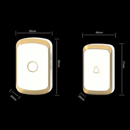 CACAZI Waterproof Wireless Doorbell with Remote Control white and gold rectangular button and chime units with dimensions, waterproof ABS