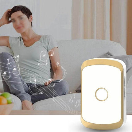 CACAZI Waterproof Wireless Doorbell with Remote Control shown on living room wall near relaxed person, wireless range up to 300m and waterproof design