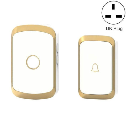 CACAZI Waterproof Wireless Doorbell with Remote Control in white and gold, waterproof ABS receiver and push button set with UK plug, 300m range