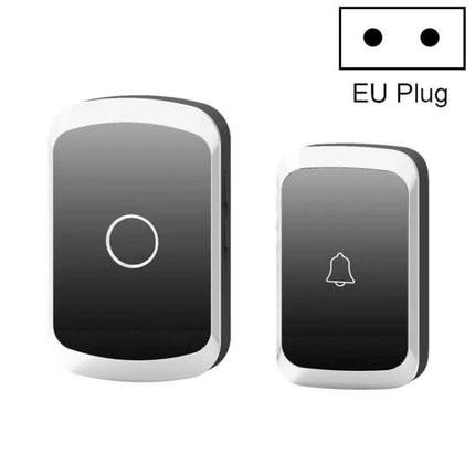 CACAZI Waterproof Wireless Doorbell with Remote Control showing black glossy receiver and push button transmitter with EU plug compatibility