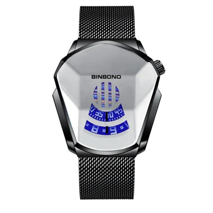 BINBOND Men's Black Steel Locomotive Concept Watch