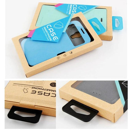 Kraft Paper Packaging Boxes for Phone Cases, Set of 50 Sizes Small and Large - kraft box with window holding blue phone cases