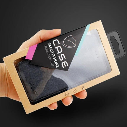 Kraft Paper Packaging Boxes for Phone Cases, Set of 50 Sizes Small and Large - kraft window box holding a smartphone case for shipping and retail