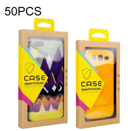 Kraft Paper Packaging Boxes for Phone Cases, Set of 50 Sizes Small and Large showing two kraft windowed boxes with phone cases inside