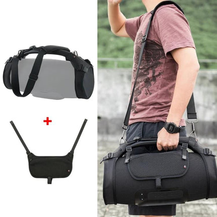 Shoulder Strap Case For Bluetooth Speaker For Commuting shown worn crossbody with mesh panels and accessory pouch